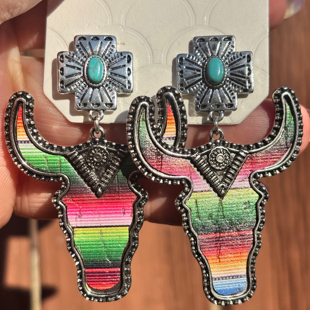 Colorful Bull Skull Earrings - Picture 3 of 3